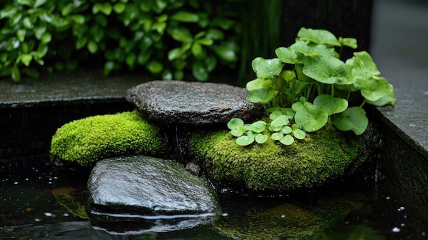 Japanese garden with moss and stone elements